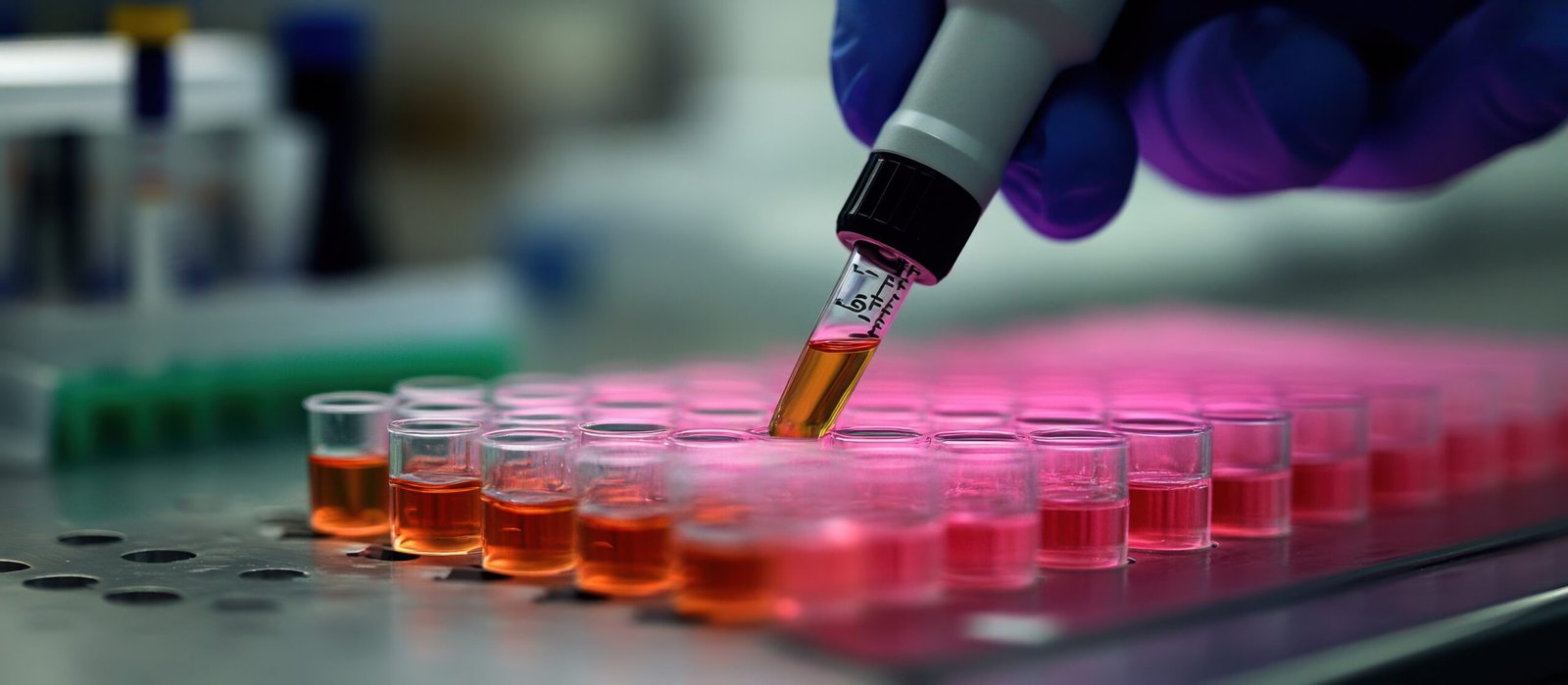 Lab tech pipetting fluid into sample wells, research background